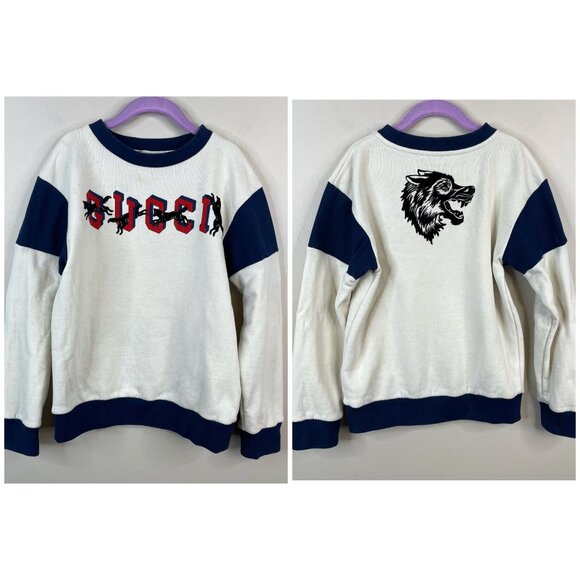 Gucci Kids Spellout Flocked Wolf AOP Pullover Sweatshirt Size 8 Boys Luxury - Picture 1 of 16